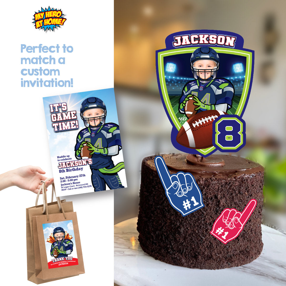 Football Cake topper featuring kid as his favorite Seahawks player. 2423CT2