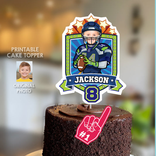 Cake topper themed Seahawks with photo, Printable Cake of Quarterback Seahawks. 2423CT3