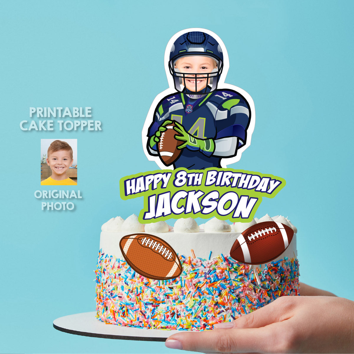 Cake topper themed Seahawks with photo, Printable Cake of Quarterback Seahawks. 2423CT3