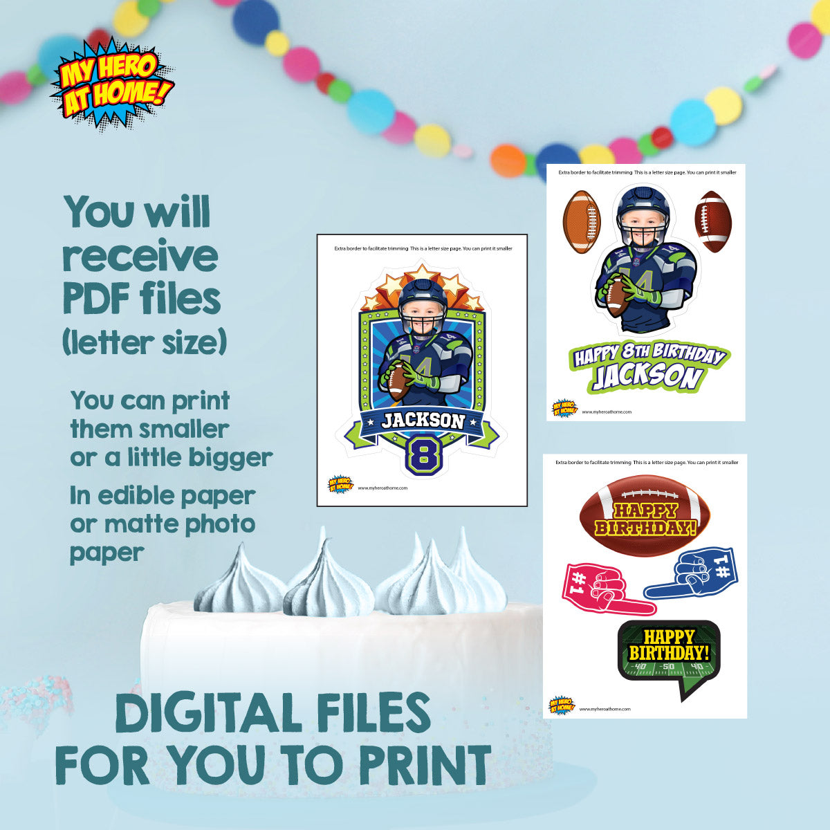 Cake topper themed Seahawks with photo, Printable Cake of Quarterback Seahawks. 2423CT3