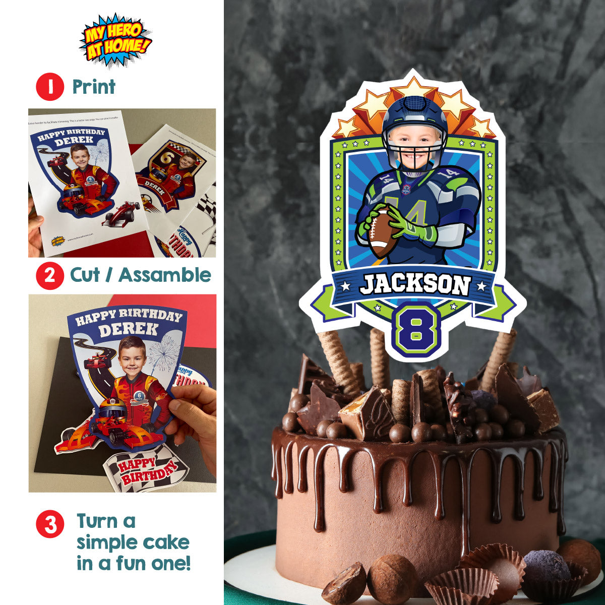 Cake topper themed Seahawks with photo, Printable Cake of Quarterback Seahawks. 2423CT3