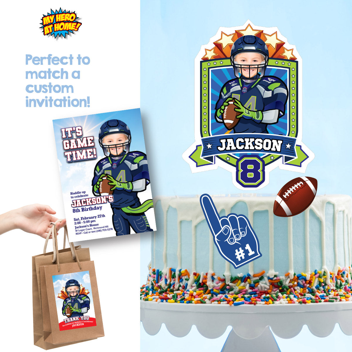 Cake topper themed Seahawks with photo, Printable Cake of Quarterback Seahawks. 2423CT3