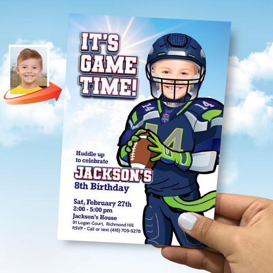 Seahawks Birthday Party Invitation with kid as the star player, Seahawks digital invite. 2423IN