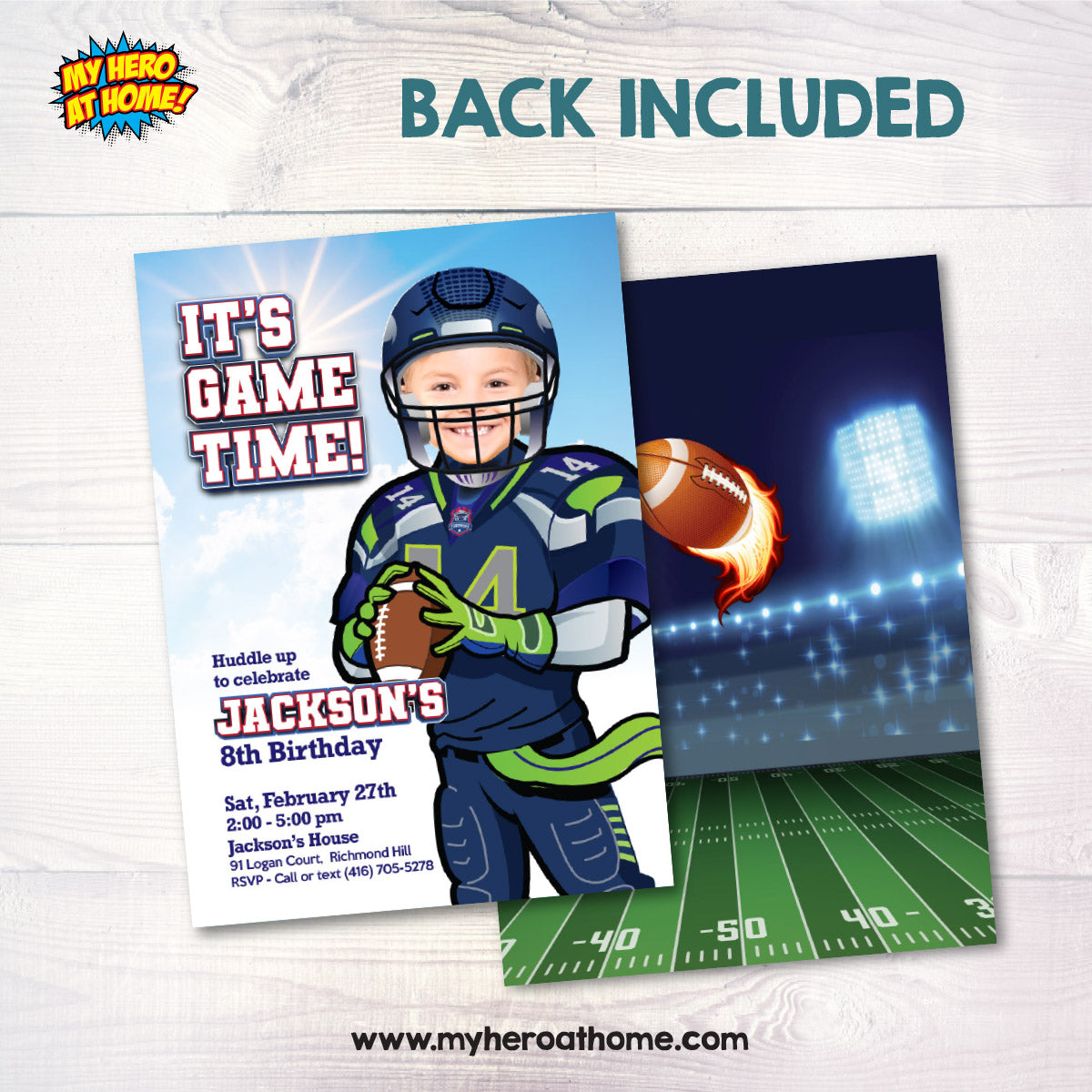 Seahawks Birthday Party Invitation with kid as the star player, Seahawks digital invite. 2423IN