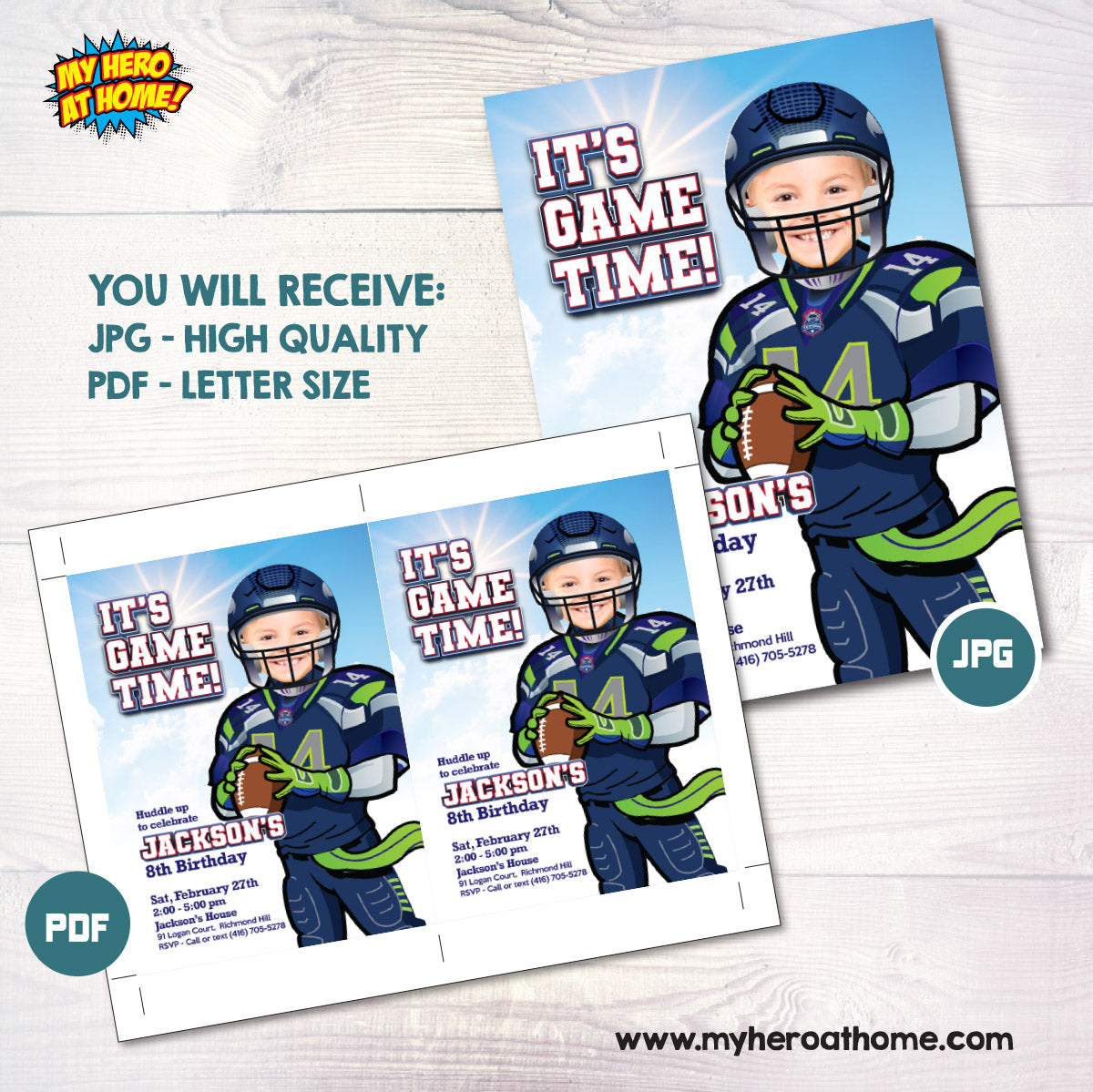 Seahawks Birthday Party Invitation with kid as the star player, Seahawks digital invite. 2423IN