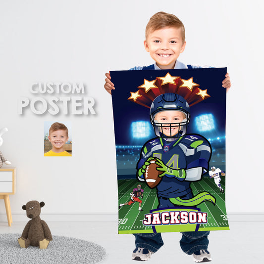 Printable Seattle Football gifts ideas with photo, Seahawks poster with kid as player. 2423PG