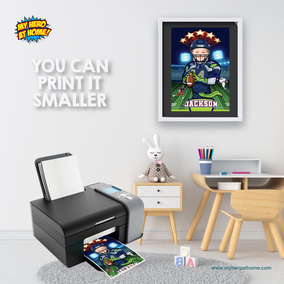 Printable Seattle Football gifts ideas with photo, Seahawks poster with kid as player. 2423PG