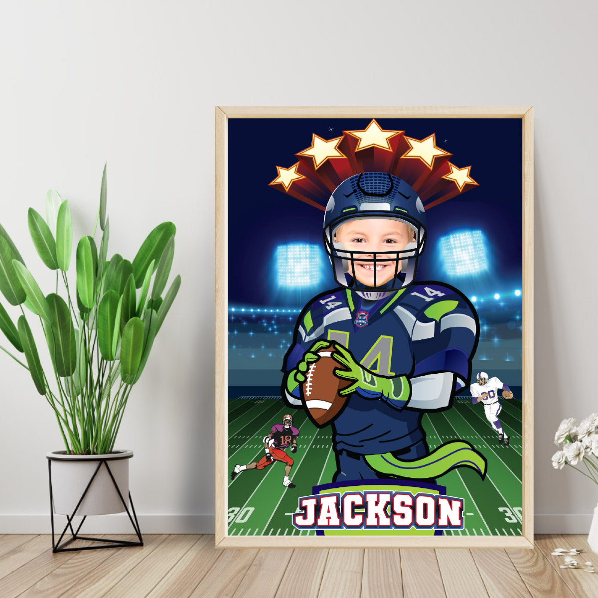 Printable Seattle Football gifts ideas with photo, Seahawks poster with kid as player. 2423PG