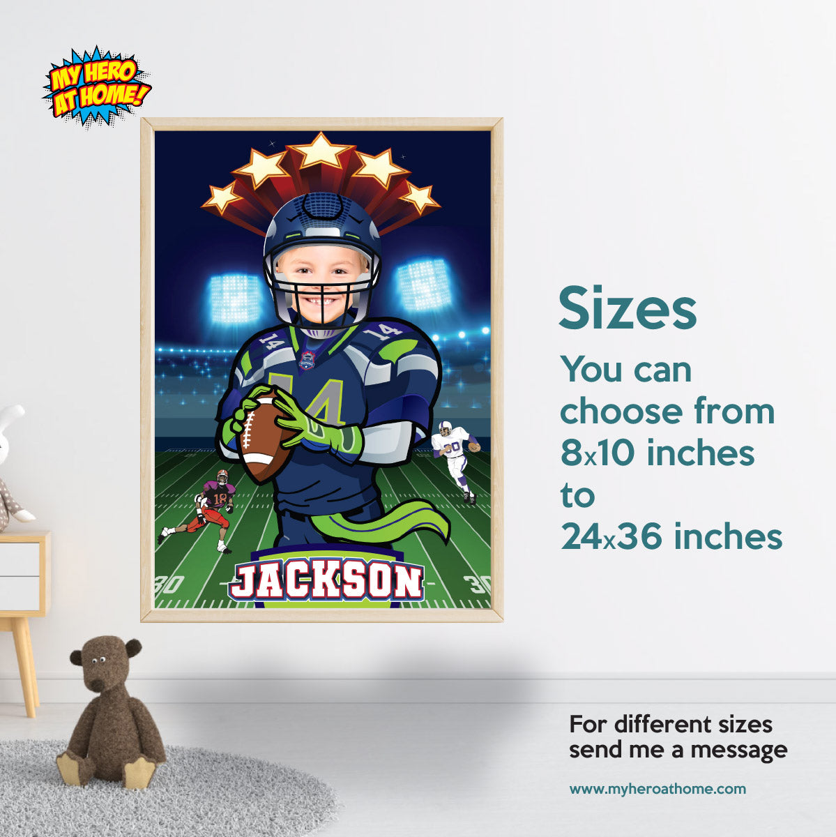 Printable Seattle Football gifts ideas with photo, Seahawks poster with kid as player. 2423PG