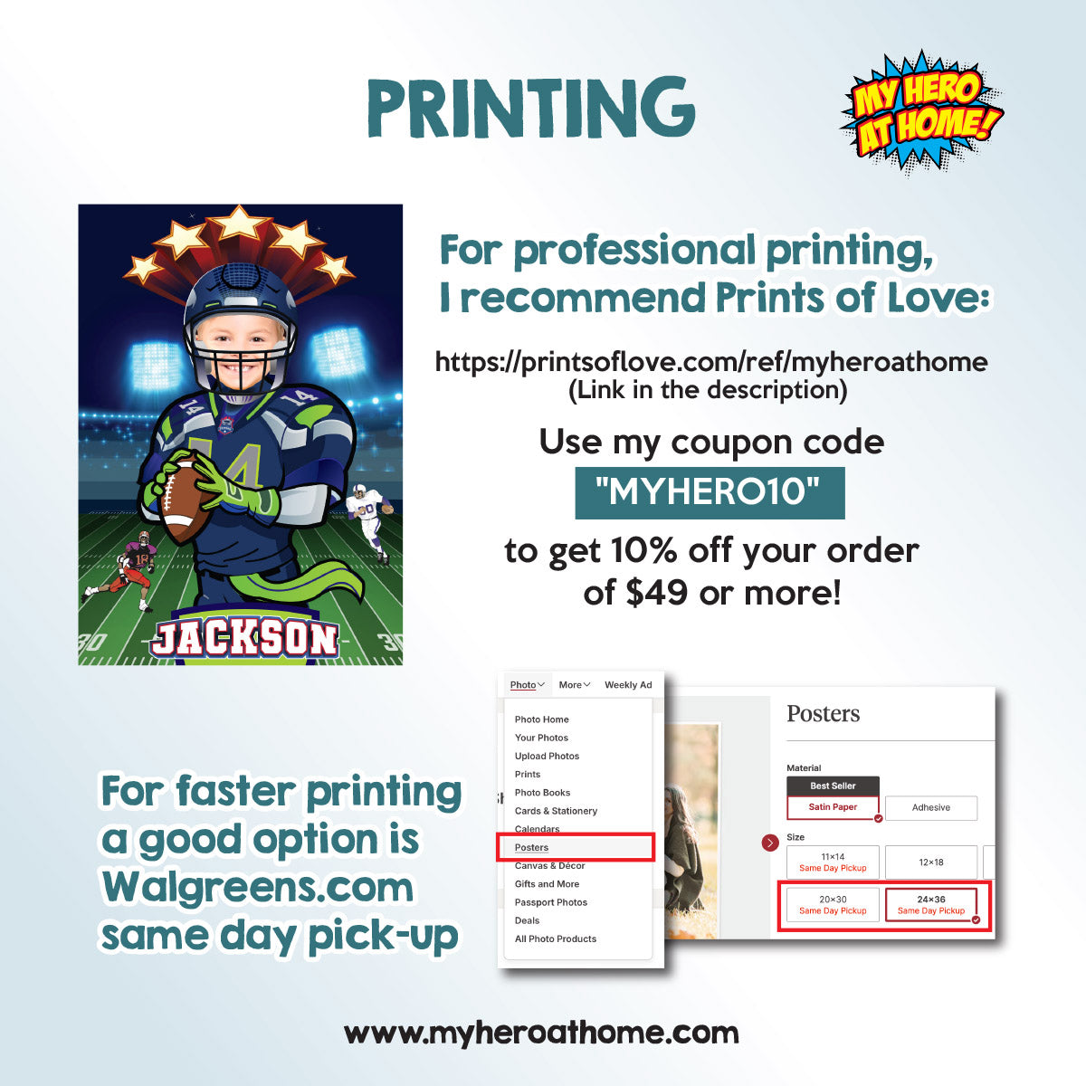 Printable Seattle Football gifts ideas with photo, Seahawks poster with kid as player. 2423PG
