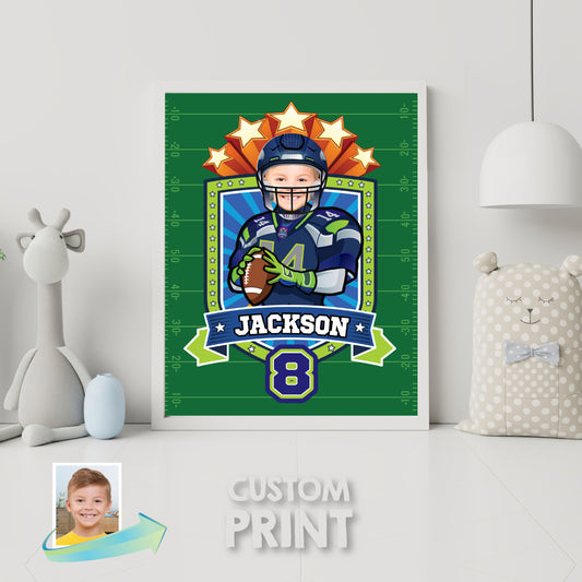 Seattle Seahawks Print with kid as favorite player, Personalized Seahawks gifts with photo. 2423PS