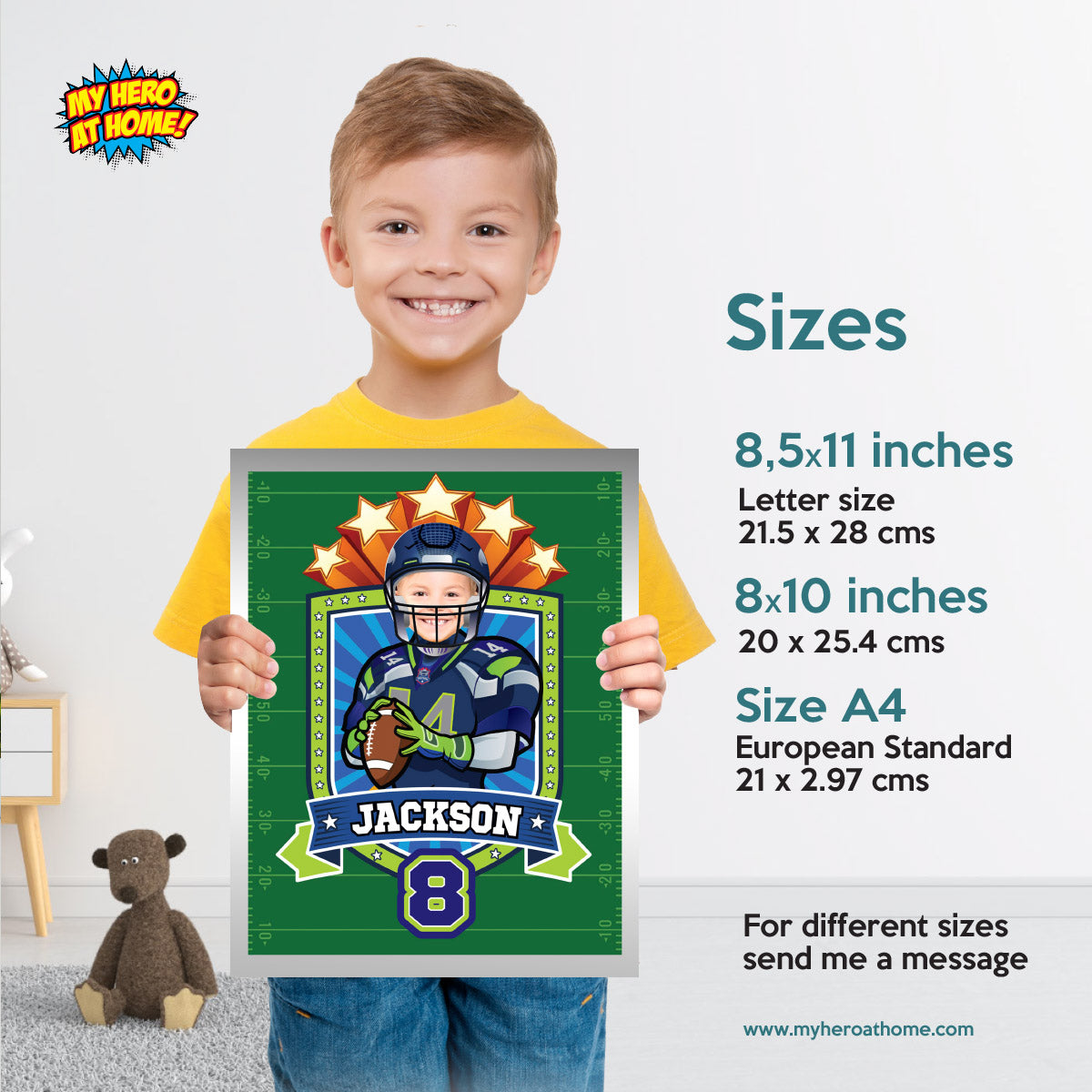 Seattle Seahawks Print with kid as favorite player, Personalized Seahawks gifts with photo. 2423PS