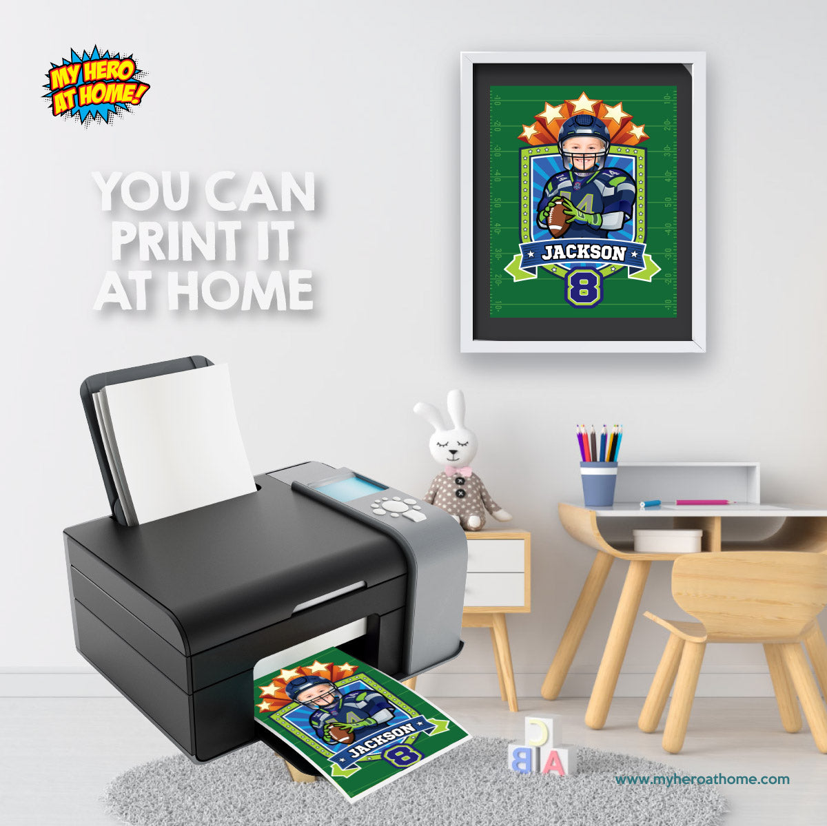 Seattle Seahawks Print with kid as favorite player, Personalized Seahawks gifts with photo. 2423PS