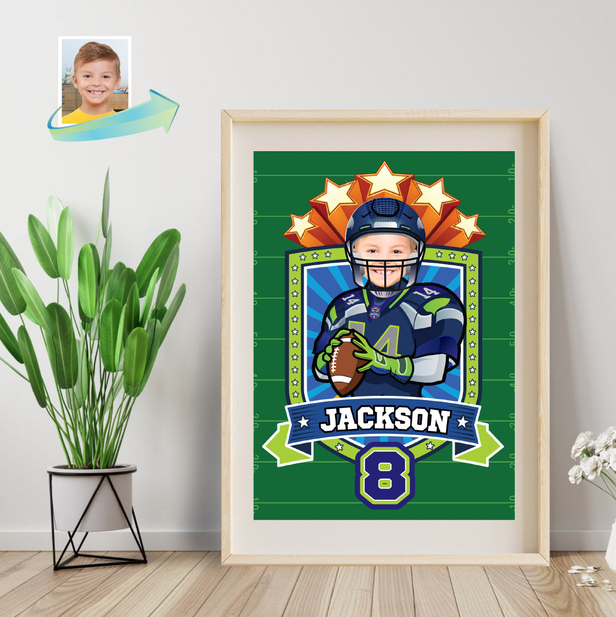 Seattle Seahawks Print with kid as favorite player, Personalized Seahawks gifts with photo. 2423PS