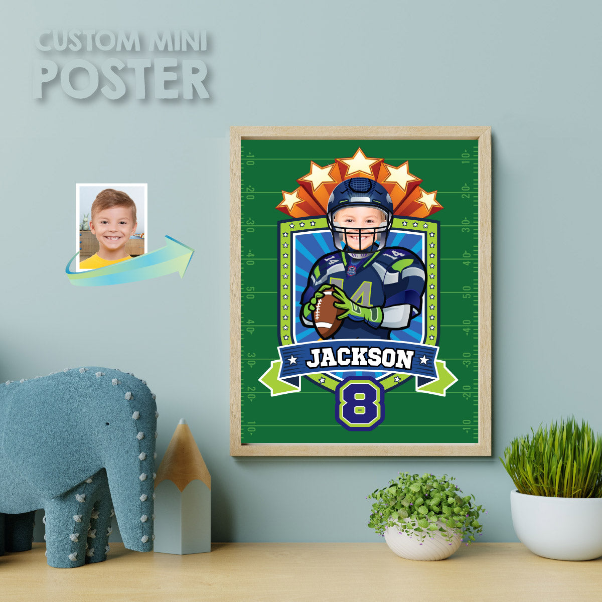 Seattle Seahawks Print with kid as favorite player, Personalized Seahawks gifts with photo. 2423PS