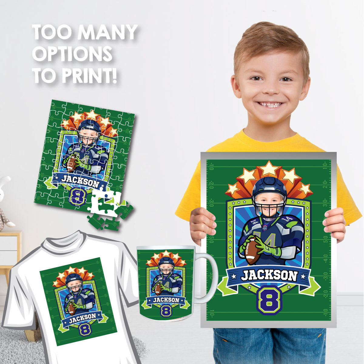 Seattle Seahawks Print with kid as favorite player, Personalized Seahawks gifts with photo. 2423PS