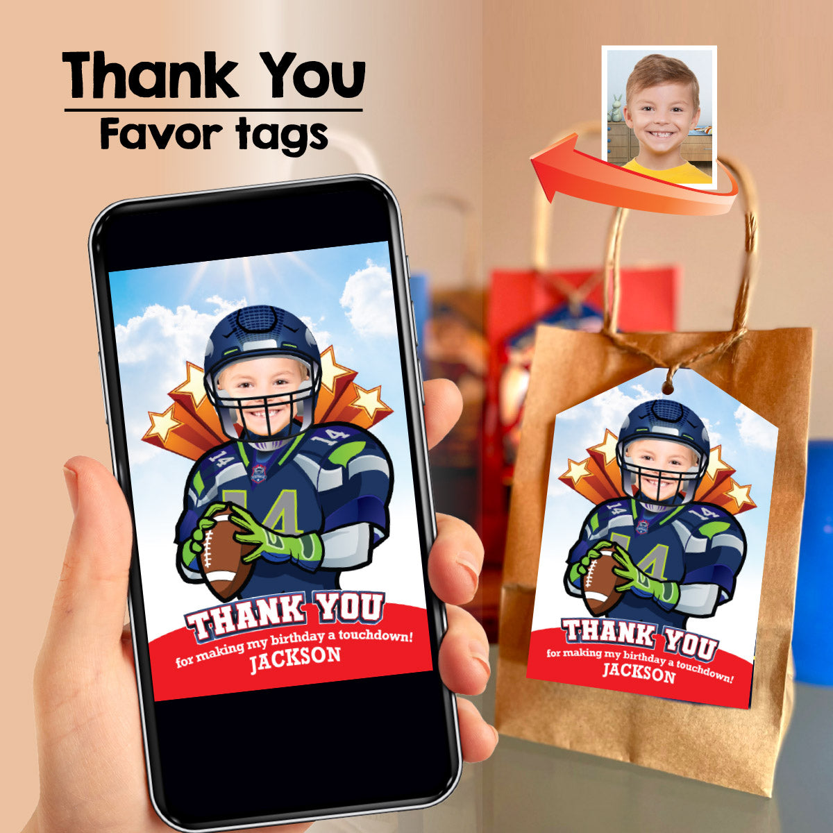 Customized Football Seahawks Thank You with birthday kid as his favorite player. 2423TY