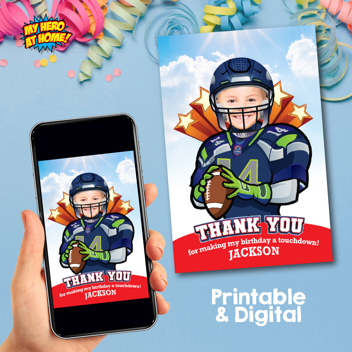 Customized Football Seahawks Thank You with birthday kid as his favorite player. 2423TY