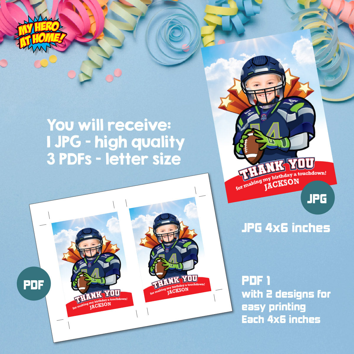 Customized Football Seahawks Thank You with birthday kid as his favorite player. 2423TY