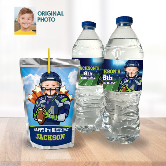 Football Seahawks water wrappers and juice labels with kid as the star player. 2423WJ