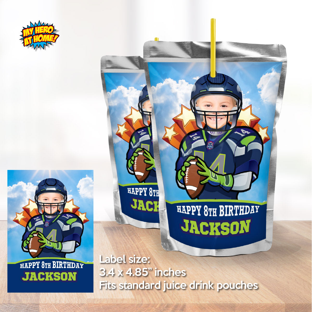 Football Seahawks water wrappers and juice labels with kid as the star player. 2423WJ