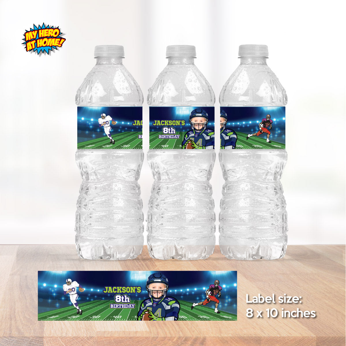 Football Seahawks water wrappers and juice labels with kid as the star player. 2423WJ