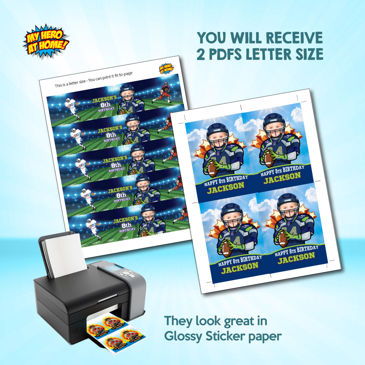 Football Seahawks water wrappers and juice labels with kid as the star player. 2423WJ