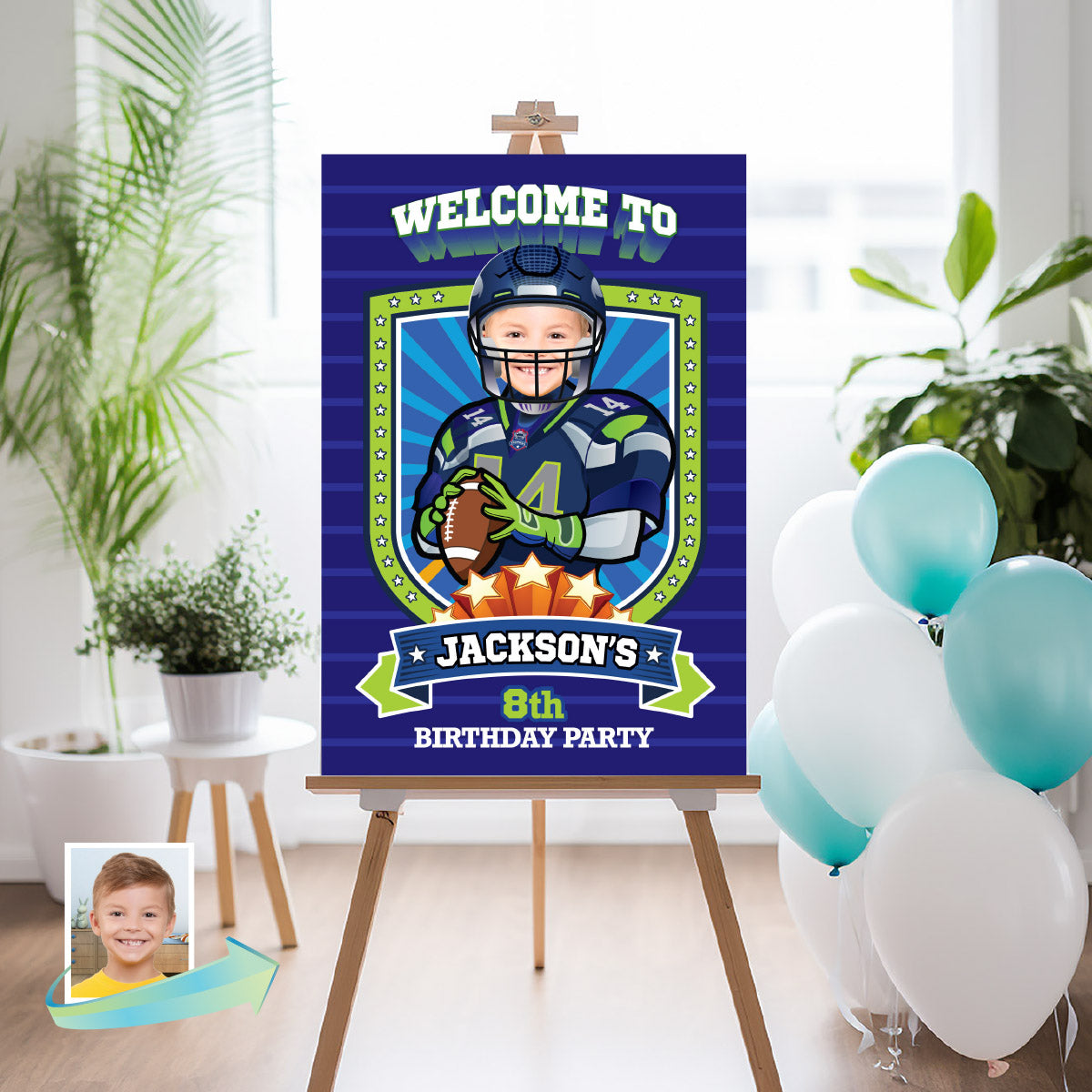 Seahawks Welcome sign with kid as his favorite player, Seahawks Birthday Entrance party. 2423WS