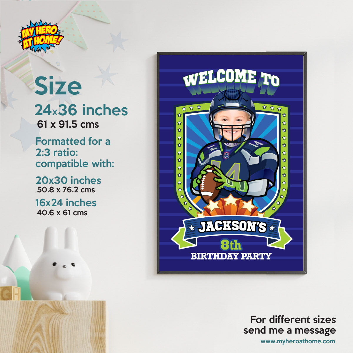 Seahawks Welcome sign with kid as his favorite player, Seahawks Birthday Entrance party. 2423WS