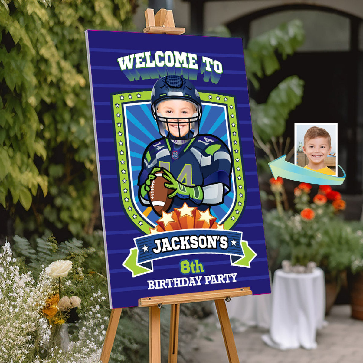 Seahawks Welcome sign with kid as his favorite player, Seahawks Birthday Entrance party. 2423WS