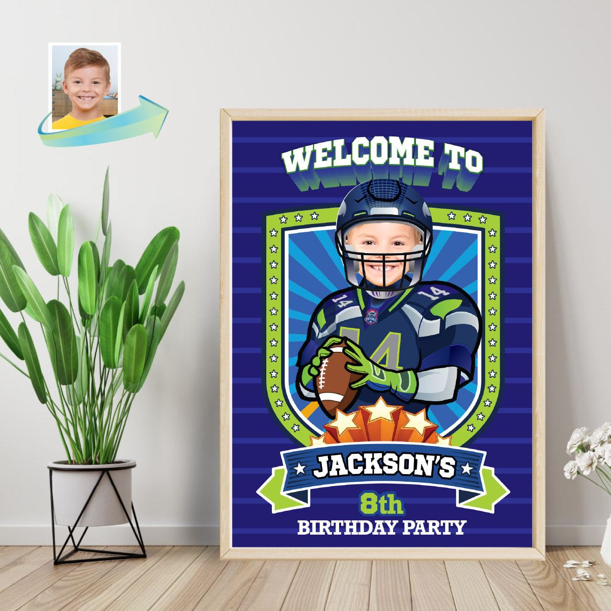 Seahawks Welcome sign with kid as his favorite player, Seahawks Birthday Entrance party. 2423WS