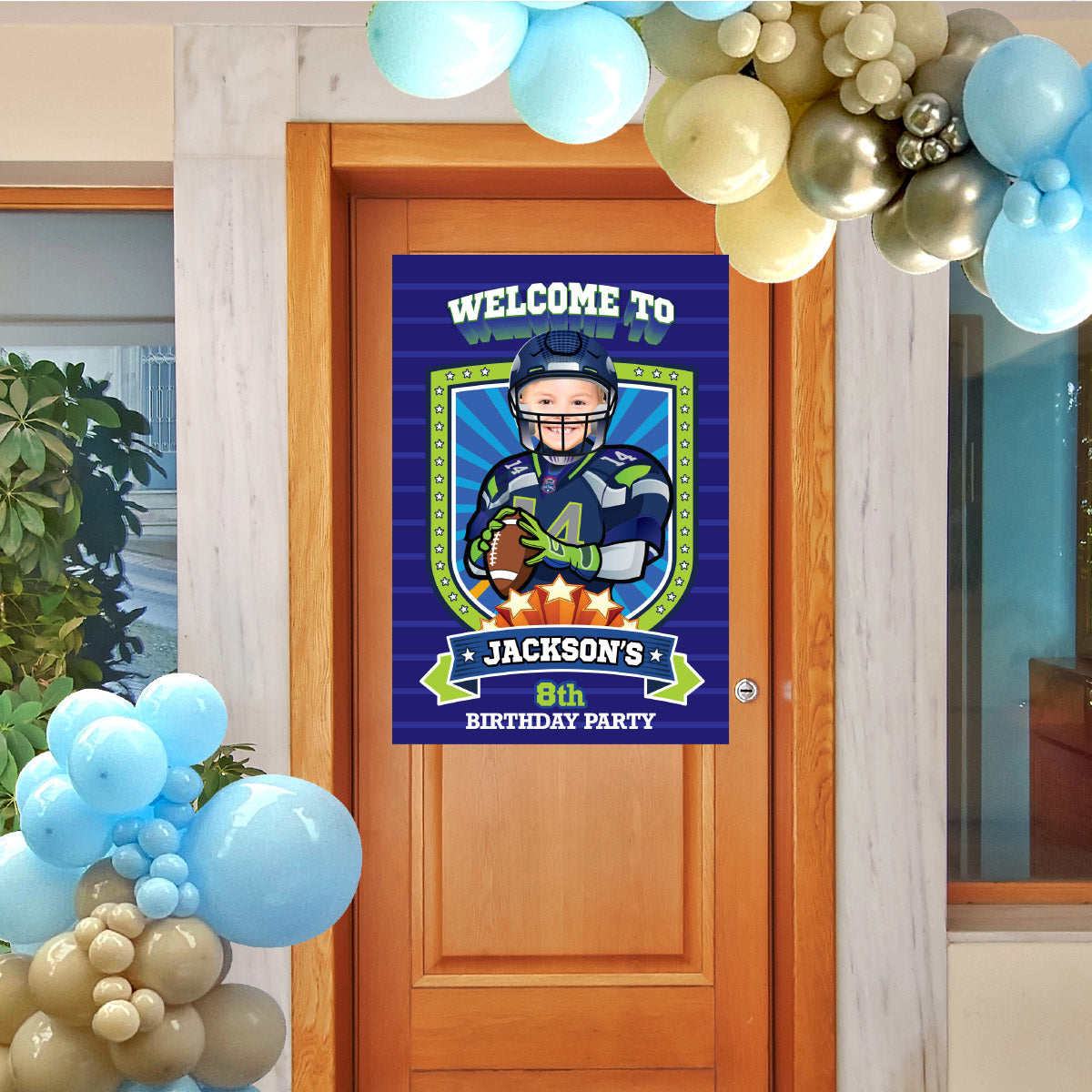 Seahawks Welcome sign with kid as his favorite player, Seahawks Birthday Entrance party. 2423WS
