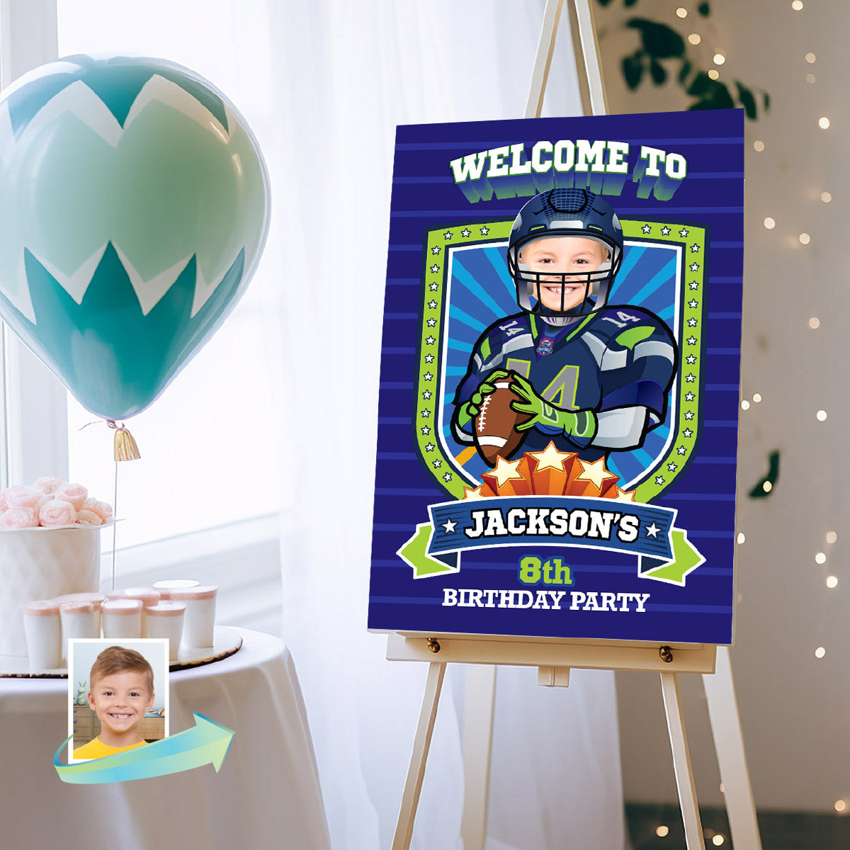 Seahawks Welcome sign with kid as his favorite player, Seahawks Birthday Entrance party. 2423WS