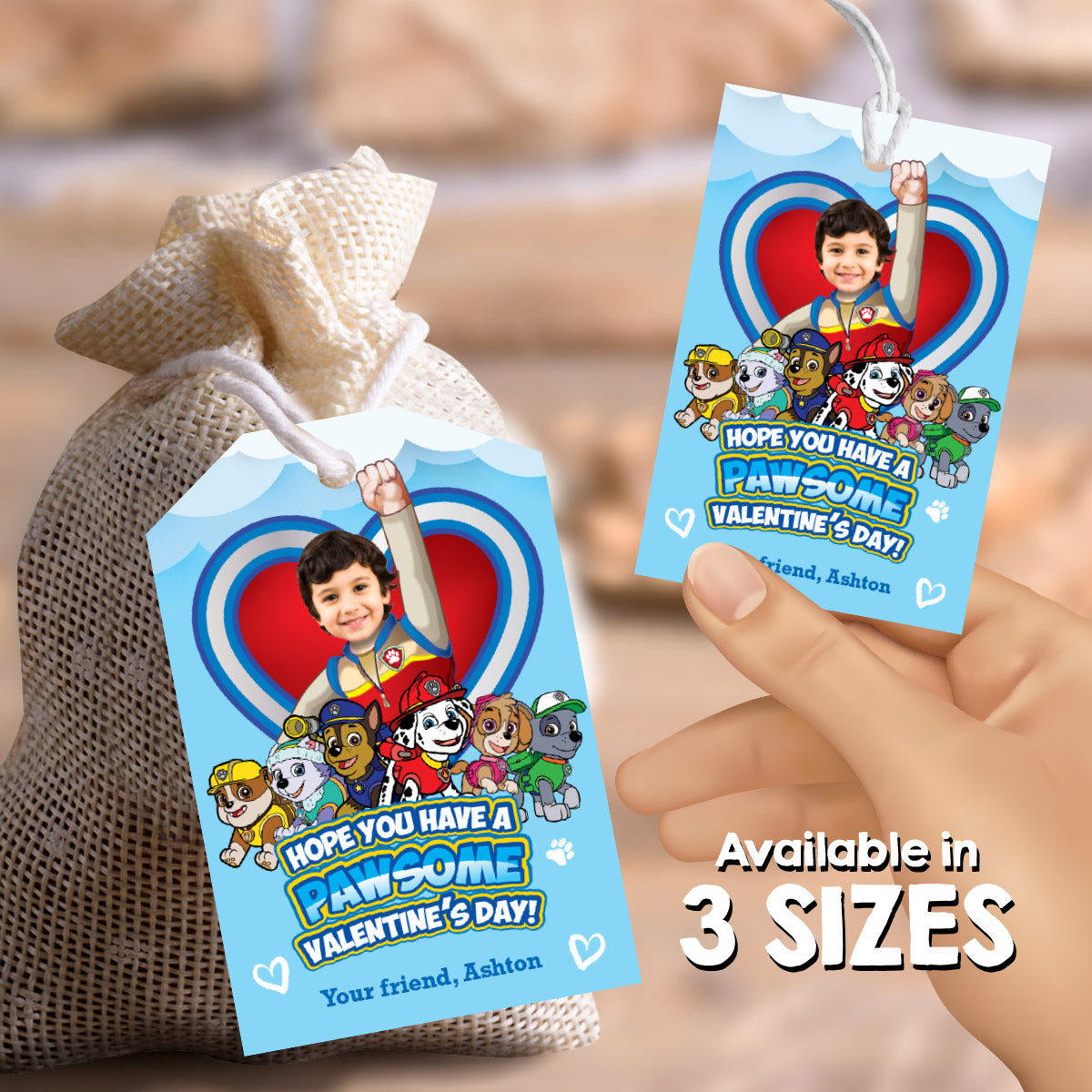 Paw Patrol Valentines gifts tags with kid as Ryder the trainer, Paw Patrol Valentine grams tags. 2425B