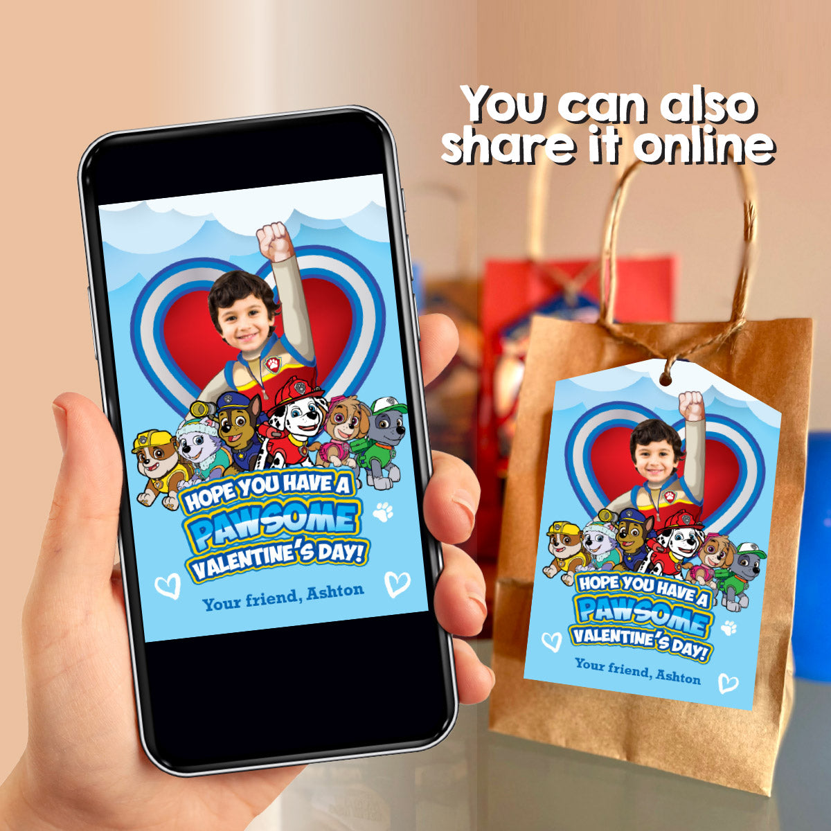 Paw Patrol Valentines gifts tags with kid as Ryder the trainer, Paw Patrol Valentine grams tags. 2425B