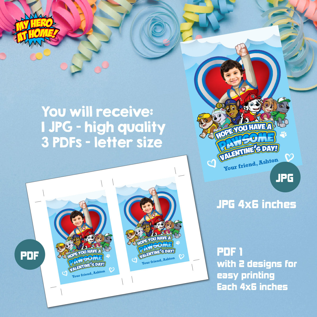 Paw Patrol Valentines gifts tags with kid as Ryder the trainer, Paw Patrol Valentine grams tags. 2425B