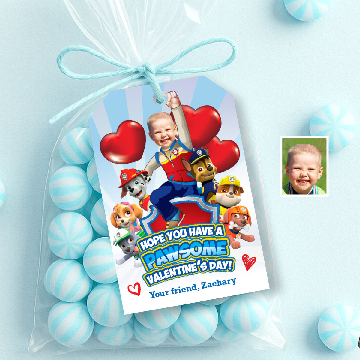 Personalized Paw Patrol Happy Valentines Day tags with child as Ryder. 2425