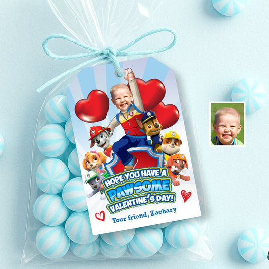 Personalized Paw Patrol Happy Valentines Day tags with child as Ryder. 2425