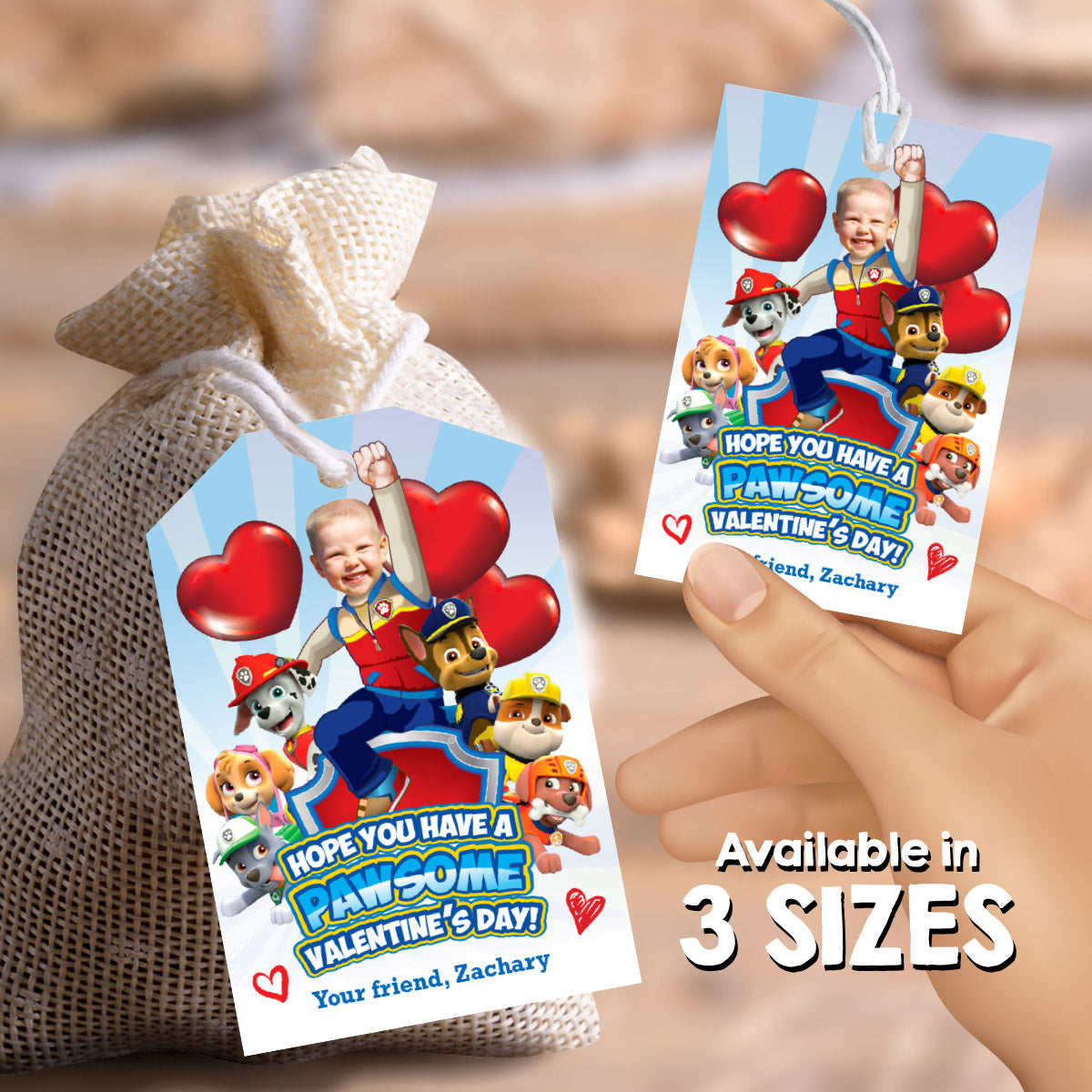 Personalized Paw Patrol Happy Valentines Day tags with child as Ryder. 2425