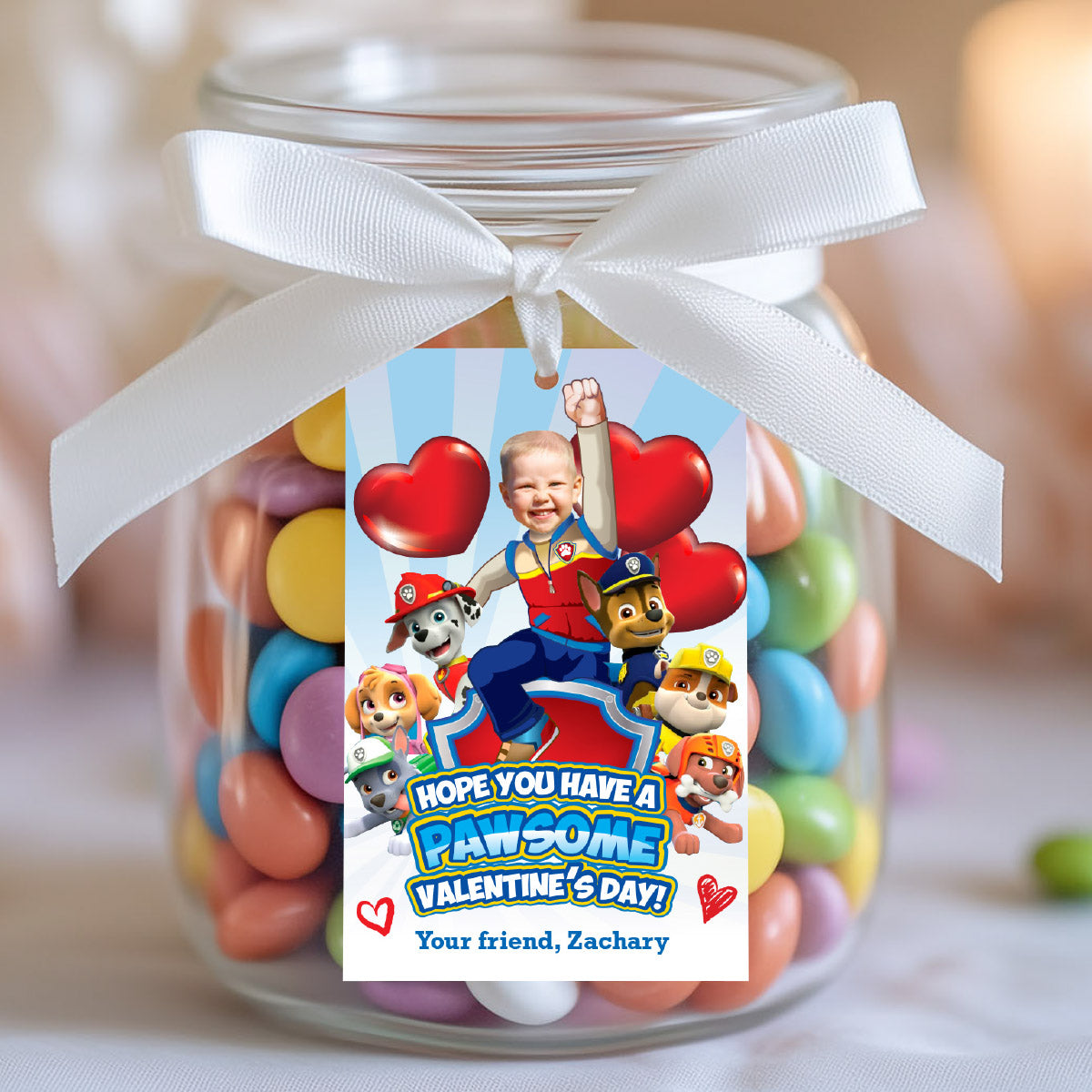 Personalized Paw Patrol Happy Valentines Day tags with child as Ryder. 2425
