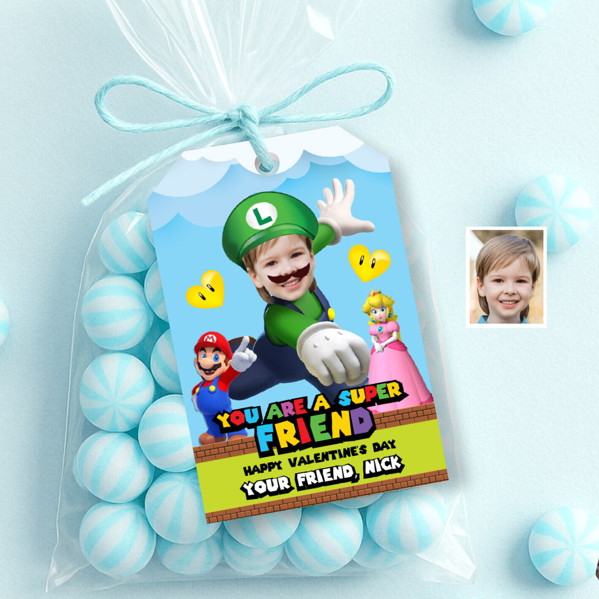 Custom Luigi Super Mario Happy Valentines tags with child as Luigi. 2426VL