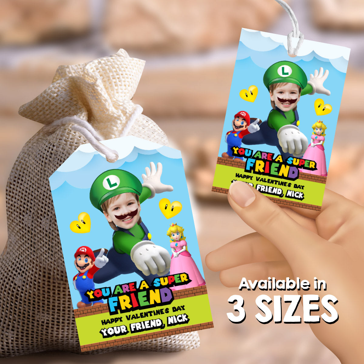 Custom Luigi Super Mario Happy Valentines tags with child as Luigi. 2426VL