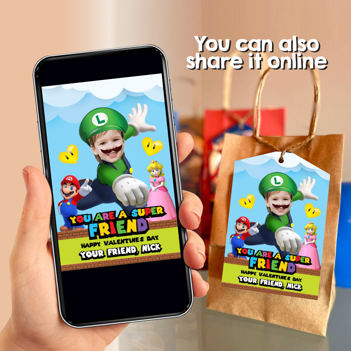 Custom Luigi Super Mario Happy Valentines tags with child as Luigi. 2426VL