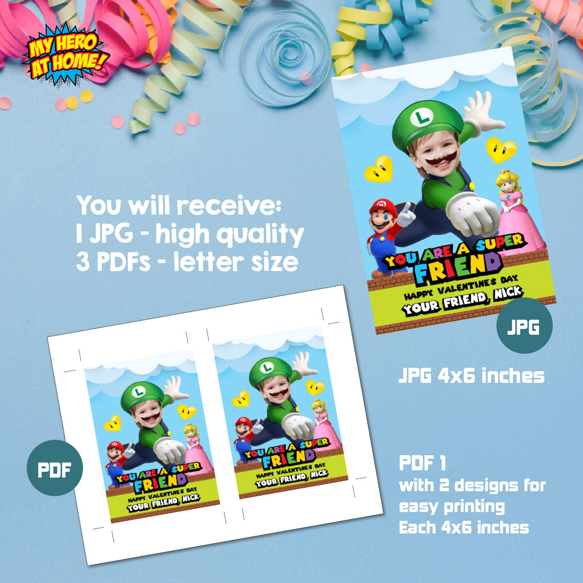 Custom Luigi Super Mario Happy Valentines tags with child as Luigi. 2426VL