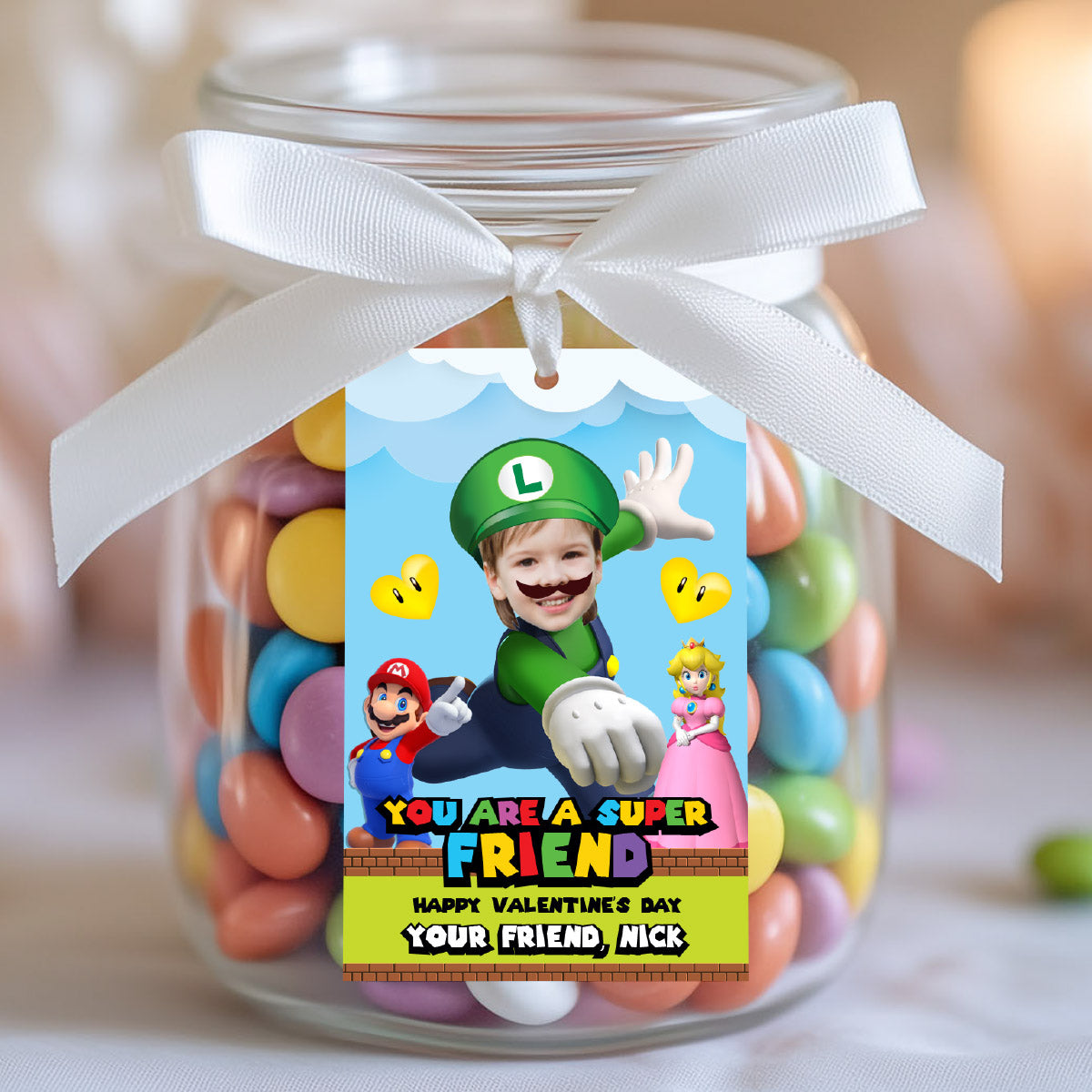 Custom Luigi Super Mario Happy Valentines tags with child as Luigi. 2426VL