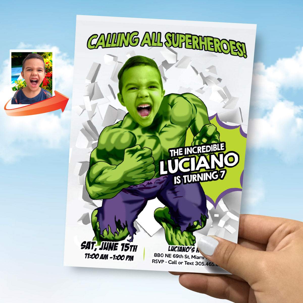Custom Hulk Birthday Invitation with your photo, Calling all Superheroes template. 2428IN