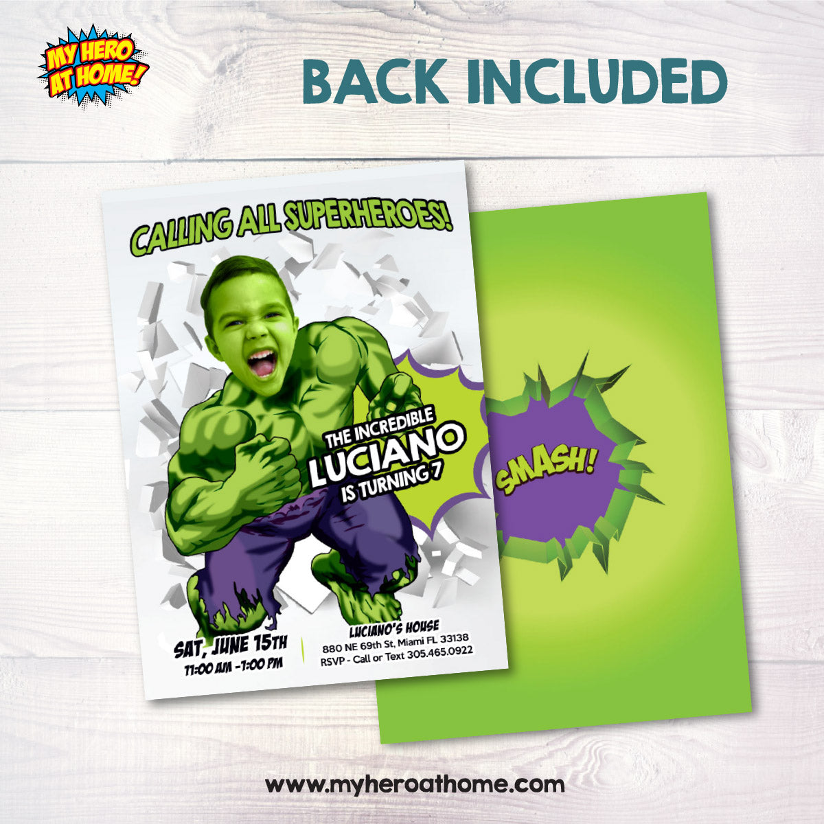 Custom Hulk Birthday Invitation with your photo, Calling all Superheroes template. 2428IN