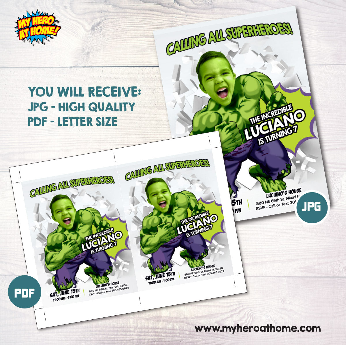 Custom Hulk Birthday Invitation with your photo, Calling all Superheroes template. 2428IN