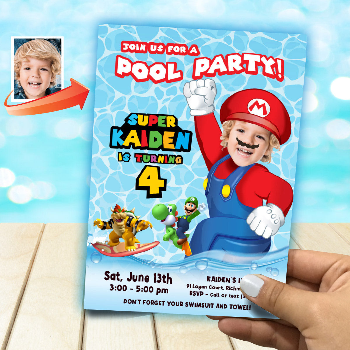 Custom Super Mario Pool Party Birthday Invitation with child as the star. 2434IN