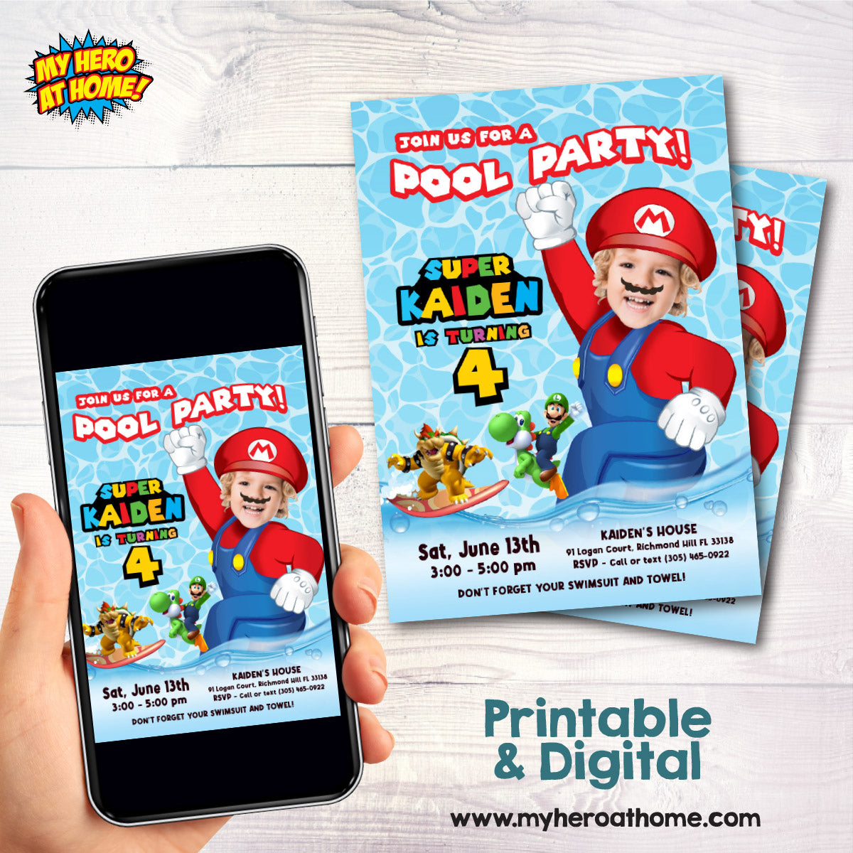 Custom Super Mario Pool Party Birthday Invitation with child as the star. 2434IN